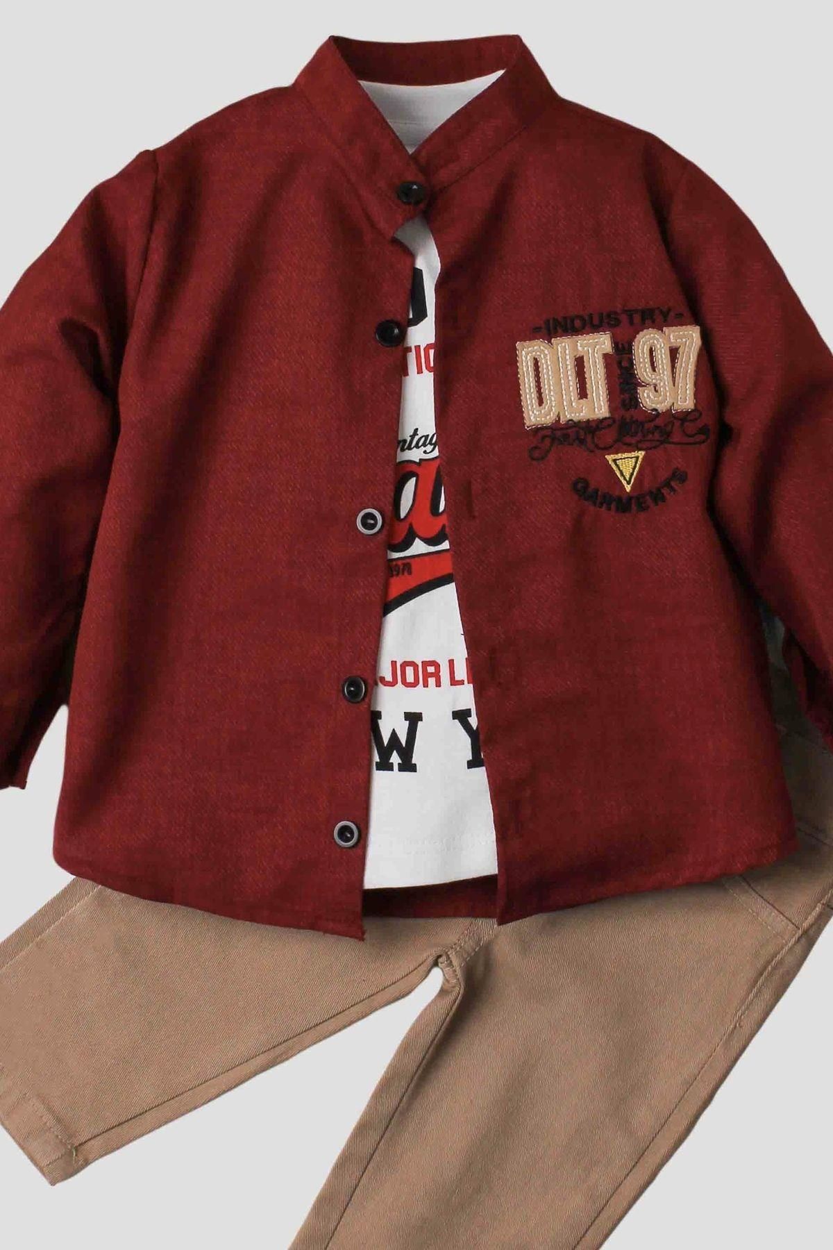Erkek bebek spor gömlek takım kot pantolon üst sweatshirt üçlü takım pamuklu